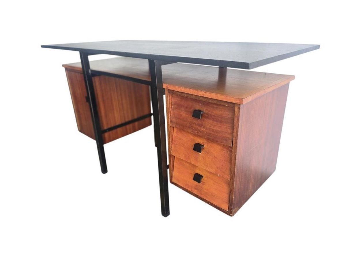 Vintage Houten Bureau Met Zwevend Blad En Zwart Frame image 6