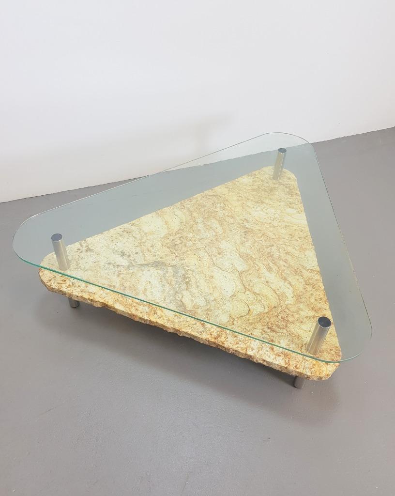 Vintage Traingel Brutalist Salontafel Marmer Glas Tafel '70 image 2