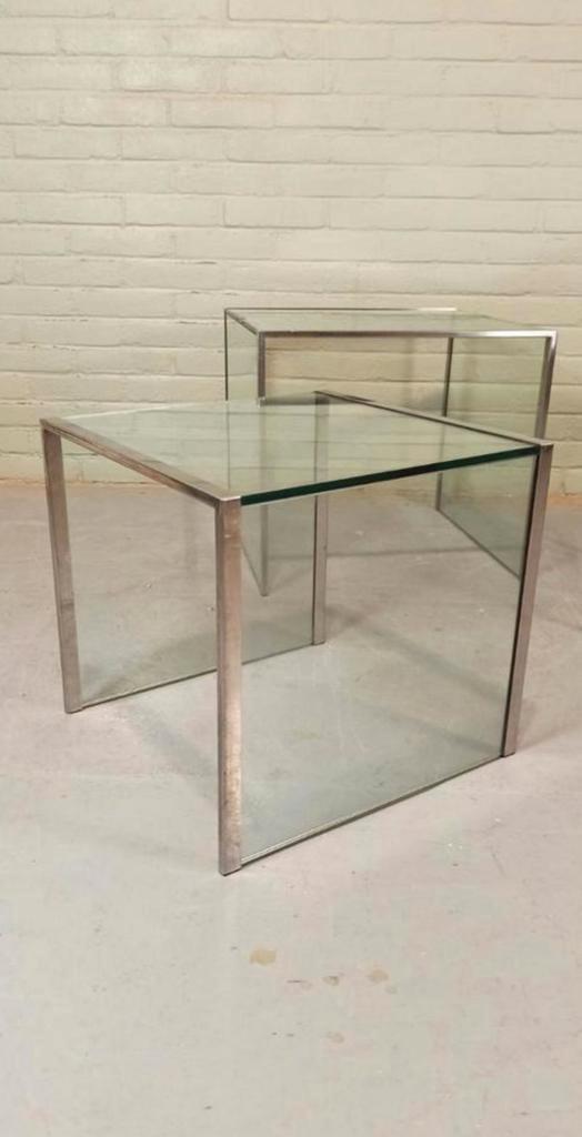 Vintage Glas En Chrome Mimiset Nesting Tables Bijzettafels image 5