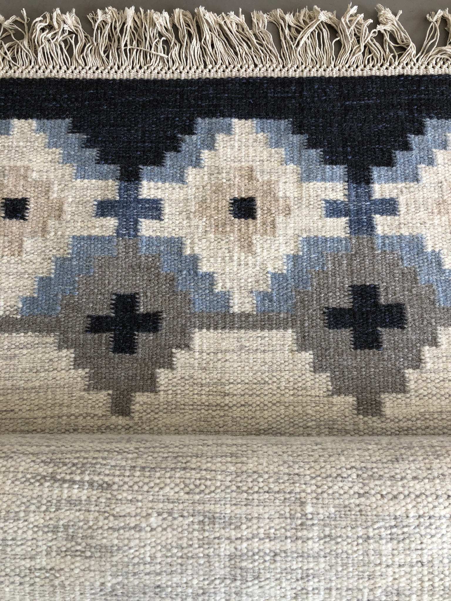 Handgeweven Scandinavisch Wollen Röllakan Vloerkleed Blauw Grijs Crème image 9