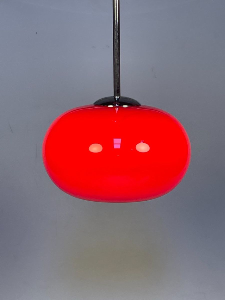 Glazen Rode Hanglamp Met Chromen Armatuur, 1980's image 6