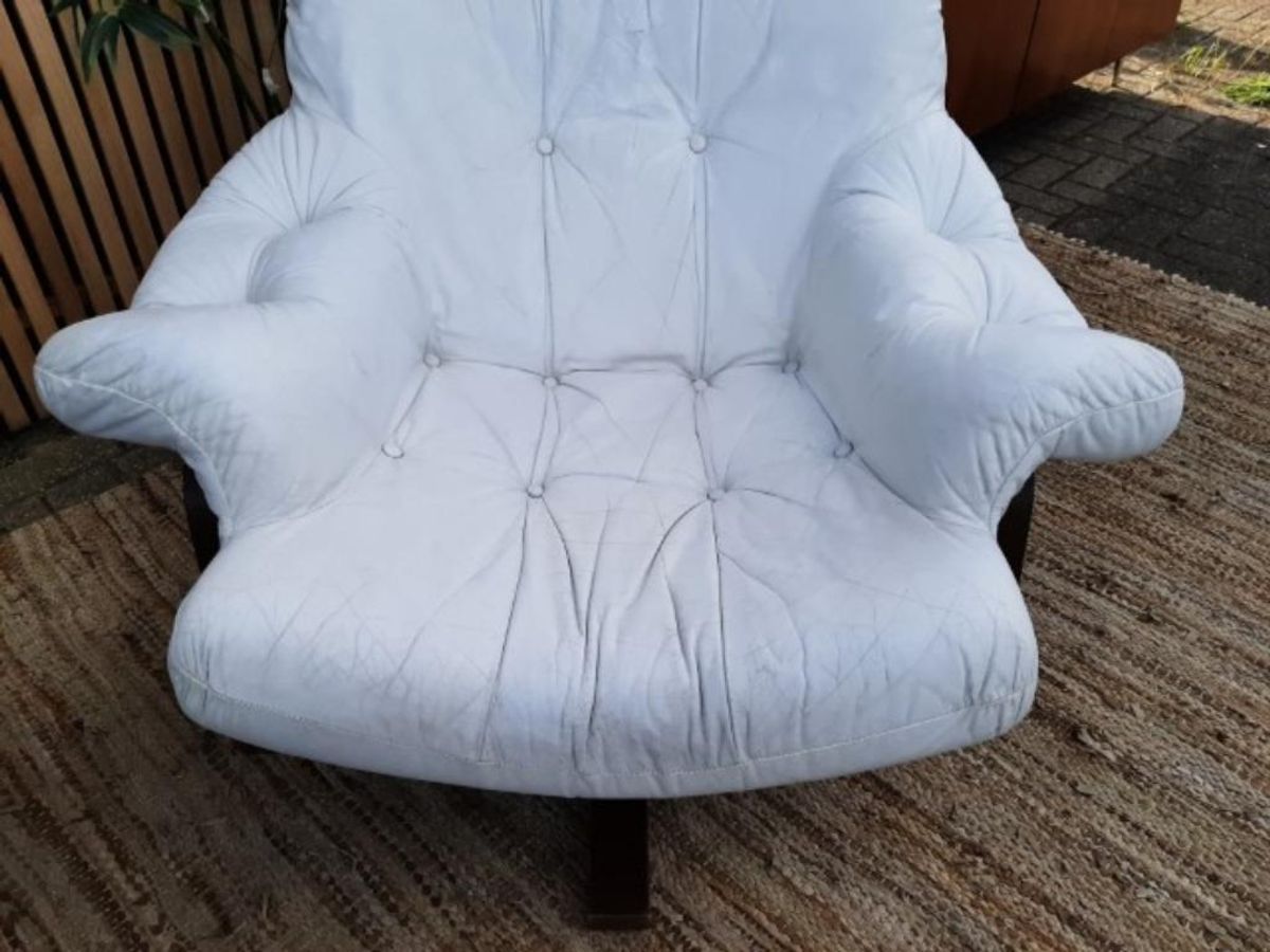 Vintage Design Fauteuil Wit Leer Houten Poot Draaifauteuil image 10