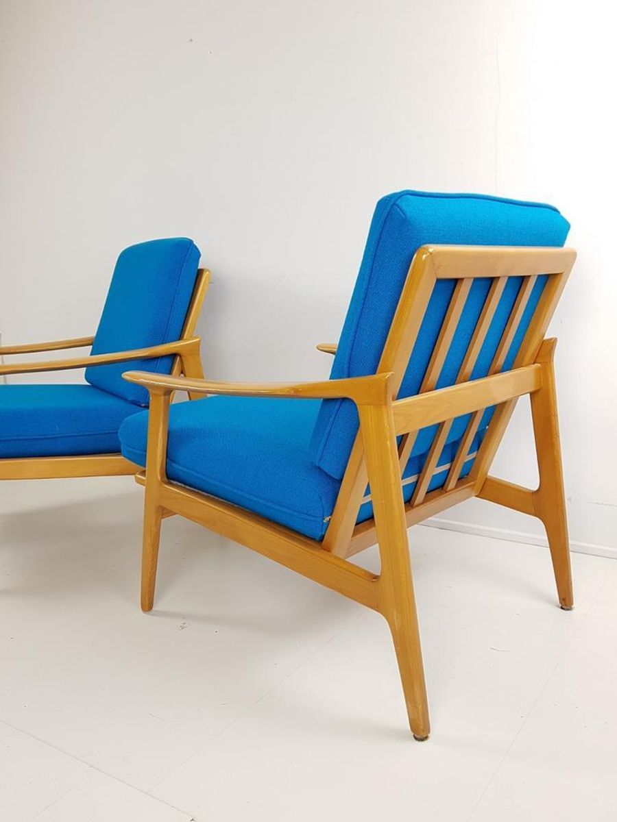 2 Blauwe Fauteuils | Wollen Ploegstof Blauw Vintage image 7