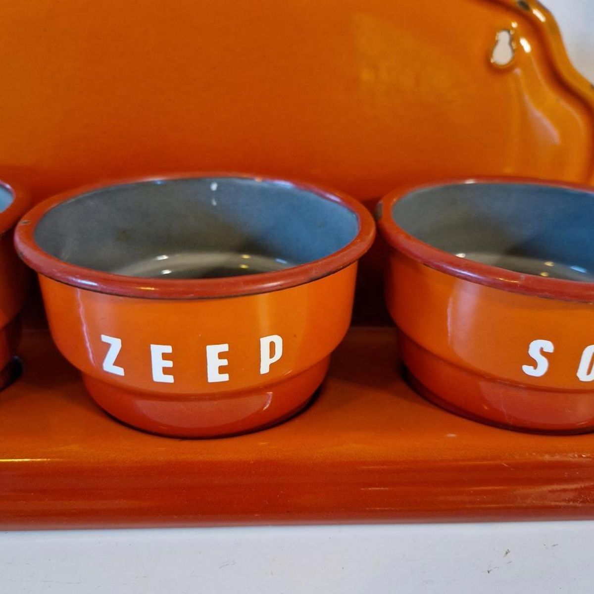 Oranje Zand Zeep Soda Rekje Antiek Emaille Wandrek image 5