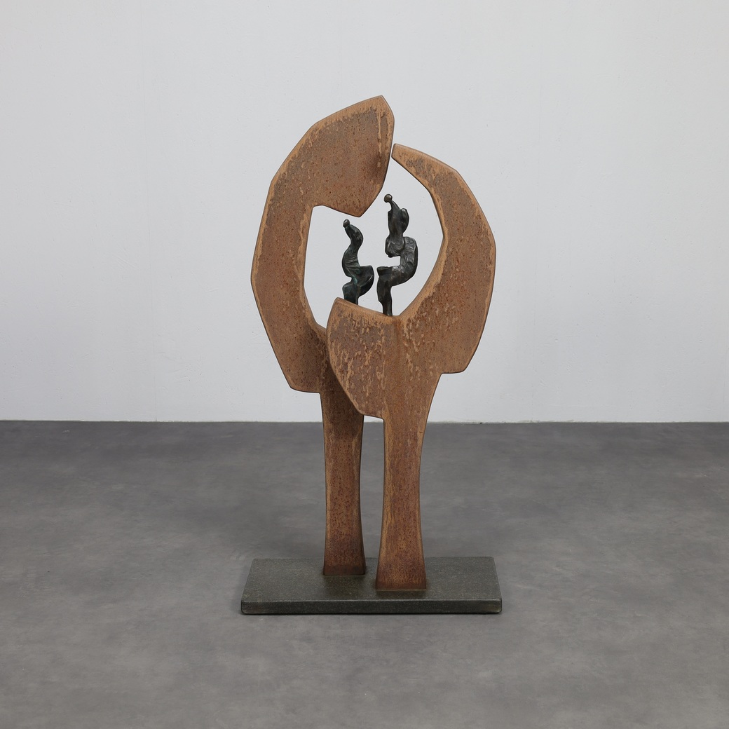 Contemporary Stone & Metal Sculpture With Bronze Figures image 2