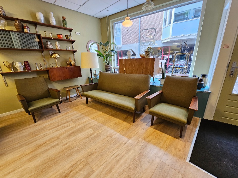 Vintage Loungeset Bank & 2 Fauteuils Fauteuil Bankstel Stoel Groen Meubelset Meubels image 3