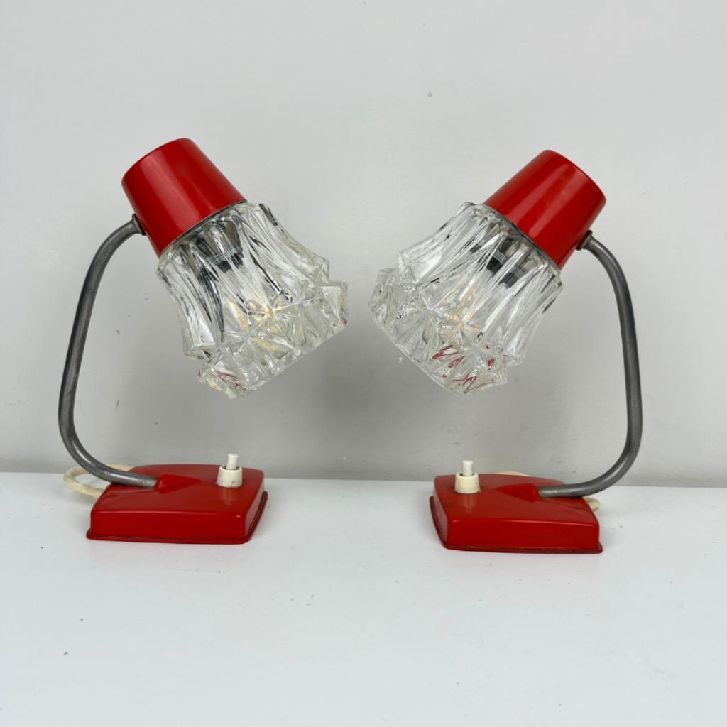 Charmante, Vintage Lampjes (2) Rood Metaal Met Glazen Kapjes image 8