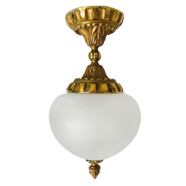 Mid-century Franse Plafondlamp Messing Opaalglas Barok Stijl 1950’s image 4