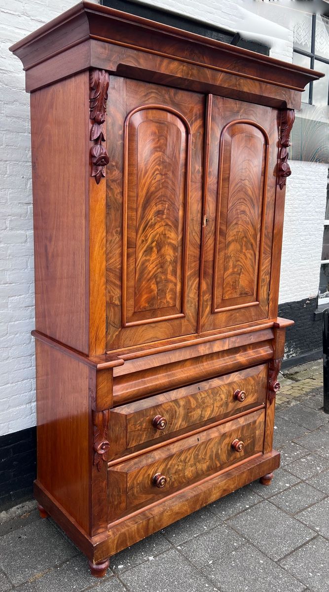 Heel Mooi Antiek Engels Mahonie Driedelig Kabinet, Met Planken En 3 Lades, 210 Cm Hoog image 3