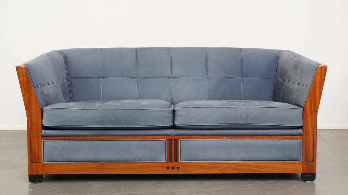 Geweldige Set Van 2 Schuitema Art Deco Design Banken Met Mooie Blauwe Nubuck Lederen Bekleding image 2