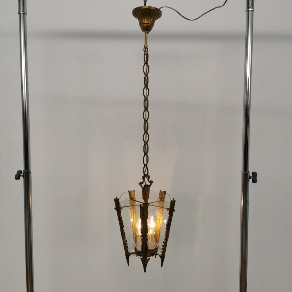 Vintage Franse Messing Lantaarnlamp, Hanglamp, Lamp Met Ketting image 11