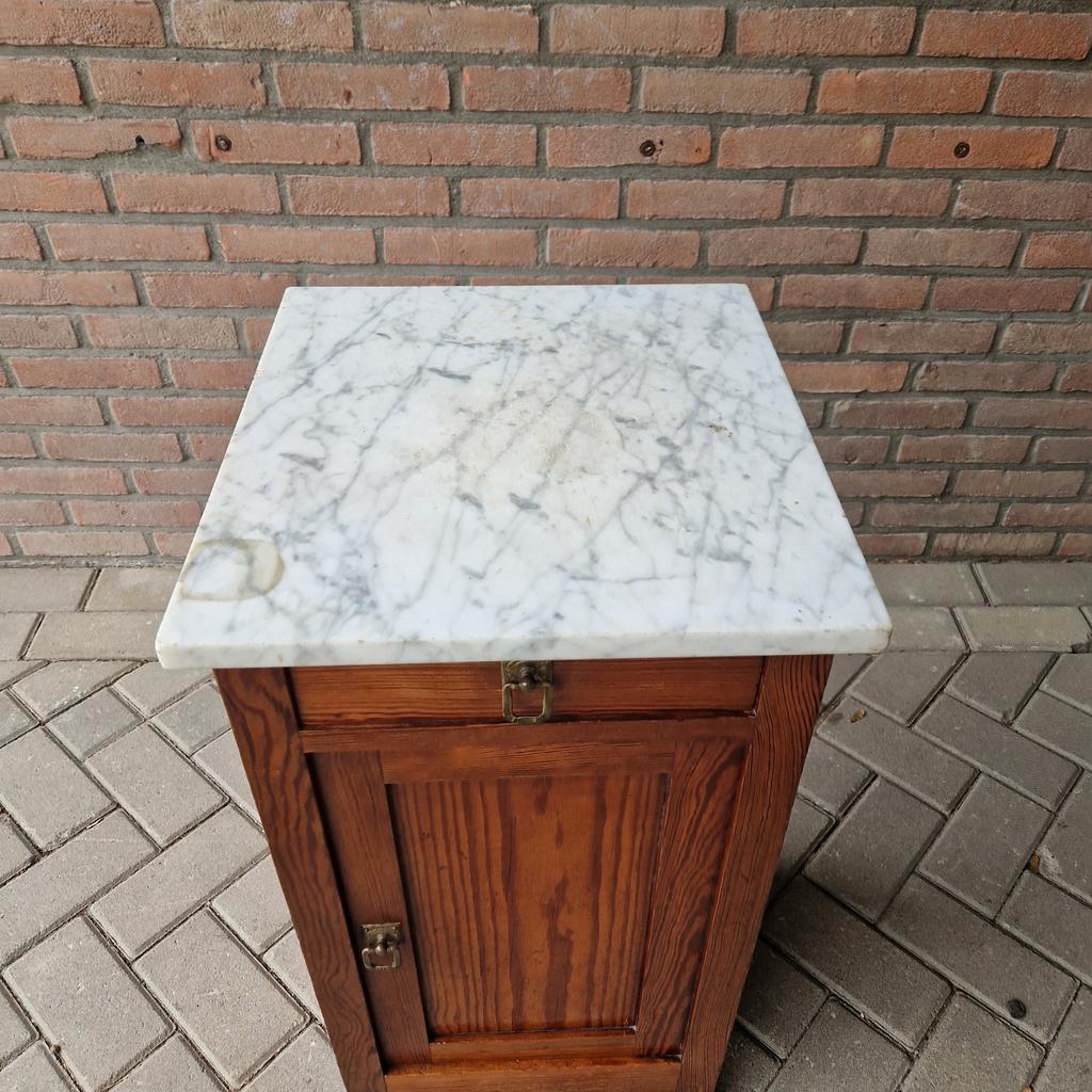 Antieke Wastafel Kast Nachtkastje Met Marmer Plaat Vintage image 4