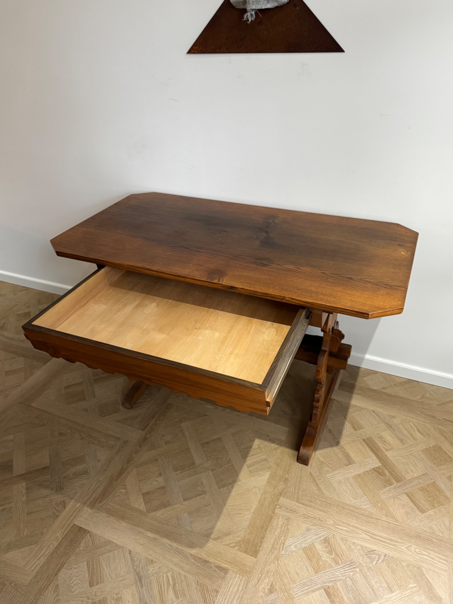Antique German / Alpine Trestle Table With Drawer image 10