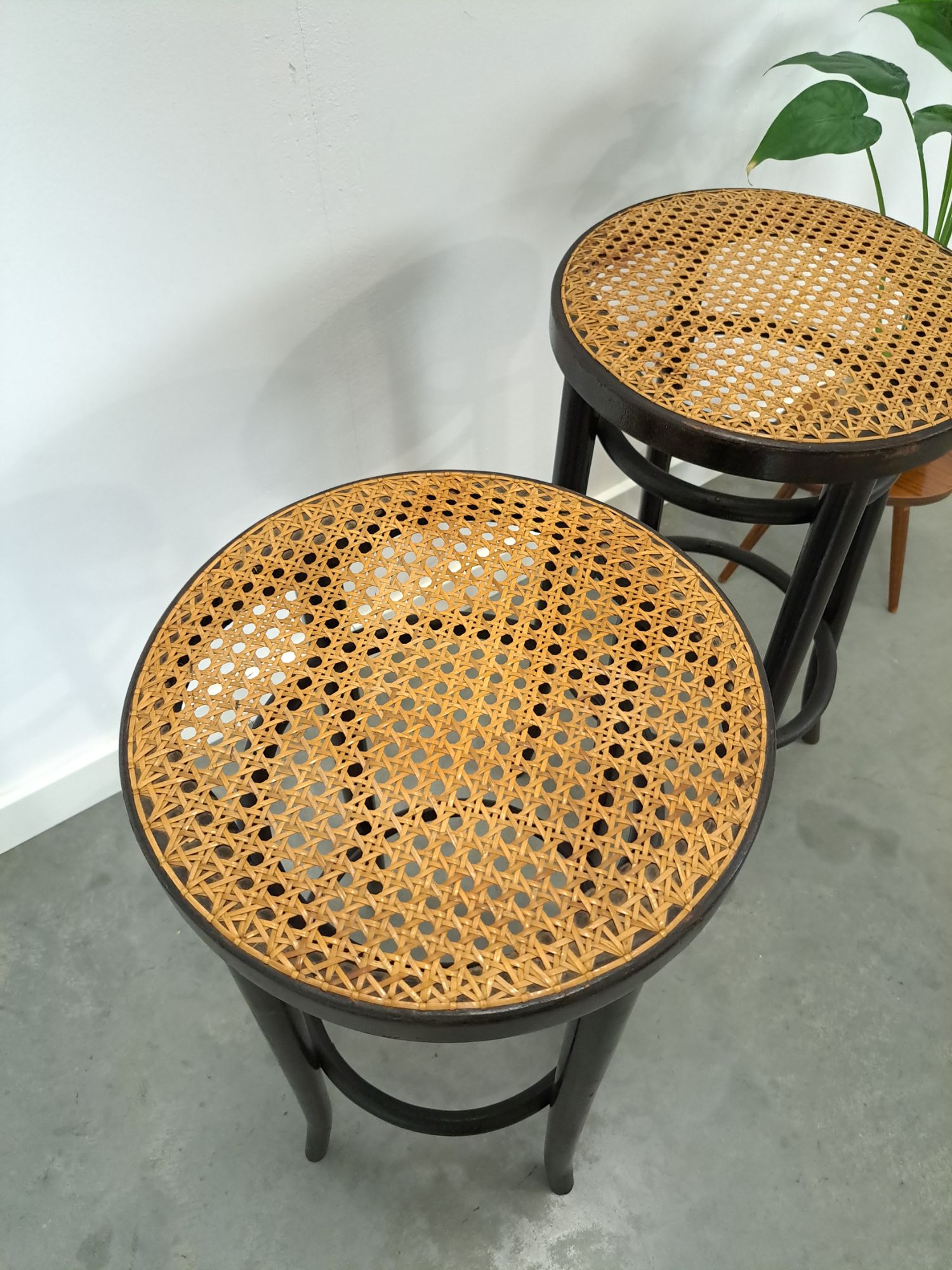 Set Jaren 50 Houten Barkrukken Met Webbing Uit Frankrijk image 7