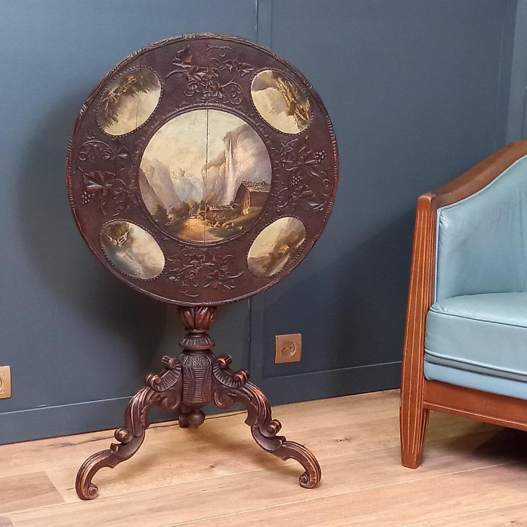 Antieke Tilttop Tafel 19e Eeuw Met 5 Schilderingen image 16