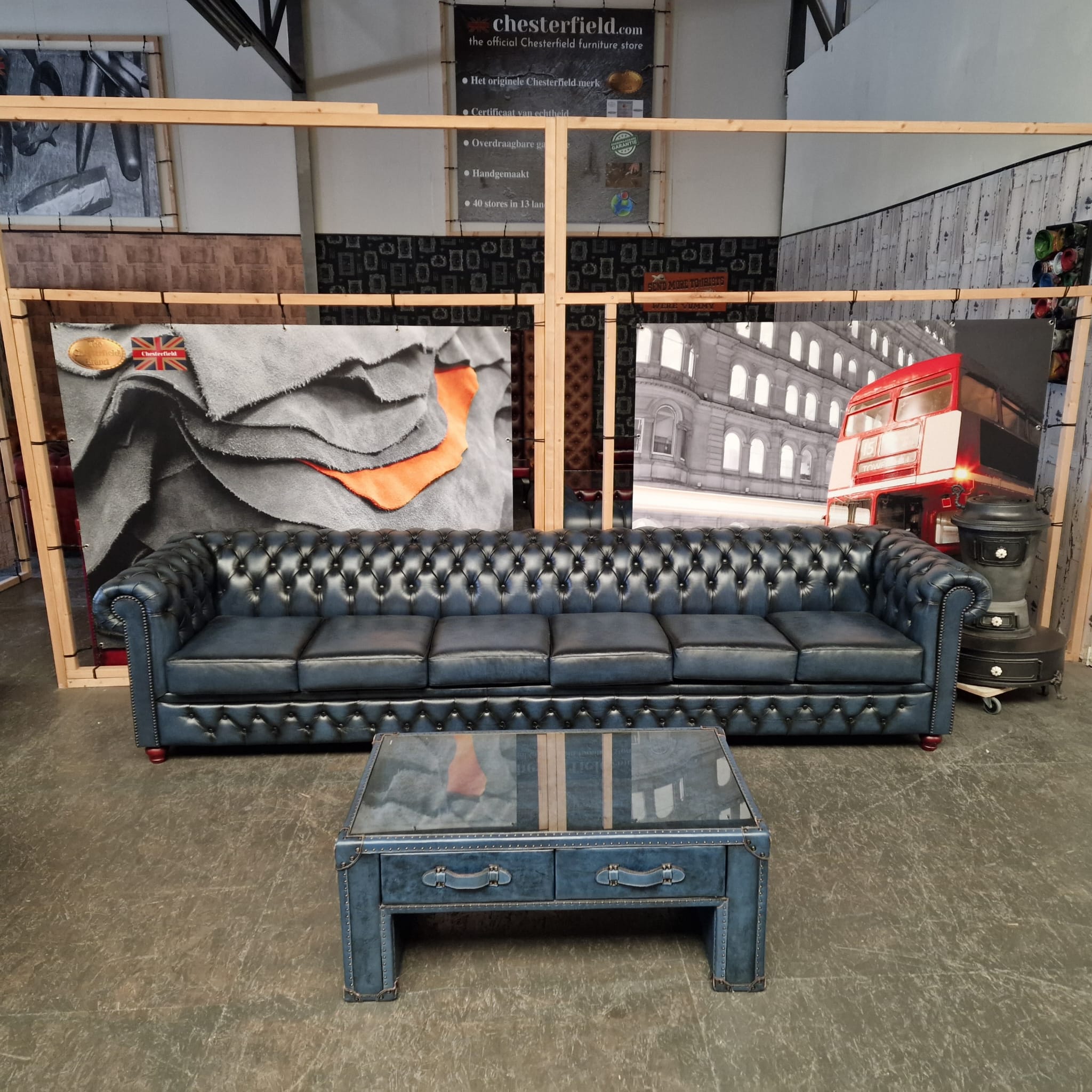 Chesterfield Brighton Antiek Blauw 6-zits Bank Leer image 2