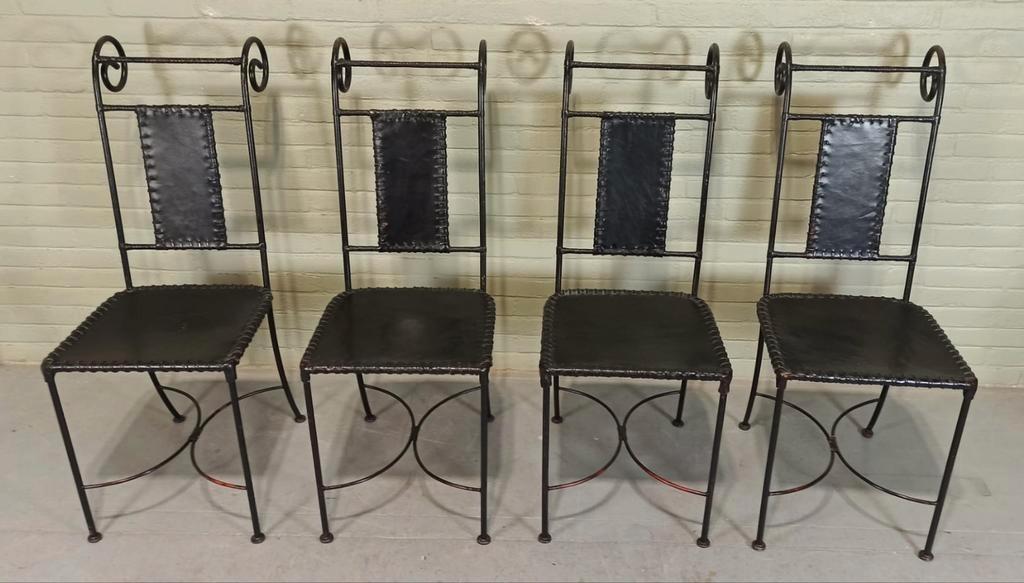 Set Van 4 Vintage Ijzer En Leer Stoelen, Zwart image 2
