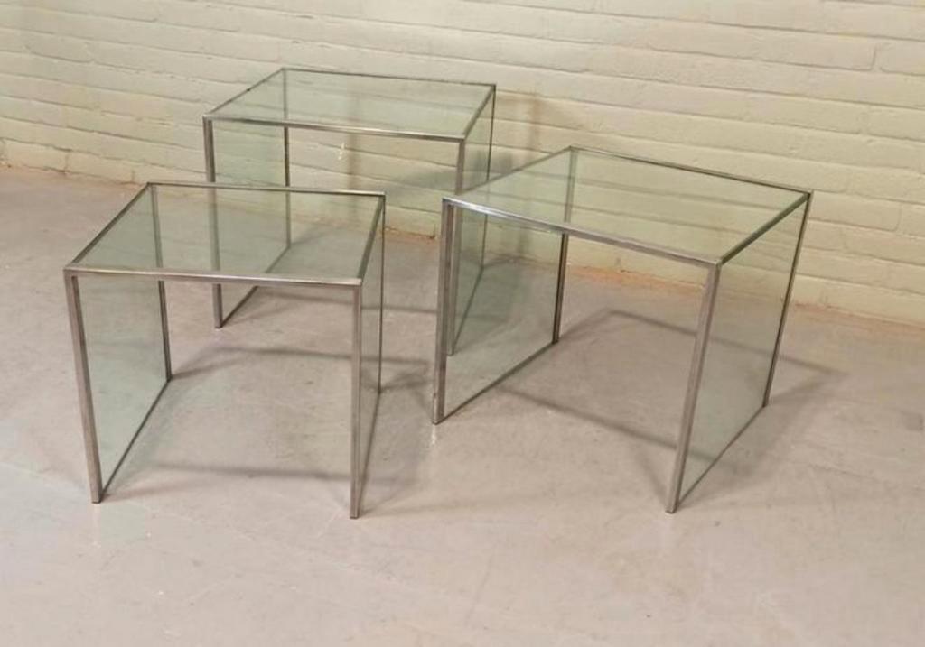 Vintage Glas En Chrome Mimiset Nesting Tables Bijzettafels image 8