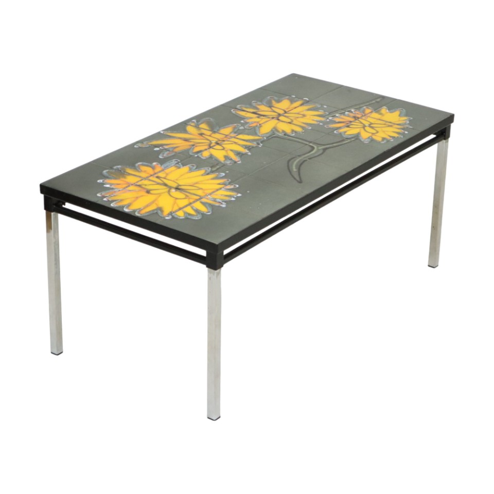 Vintage Keramische Tegeltafel Adri Design Geel Abstract Bloem 92Cm image 9