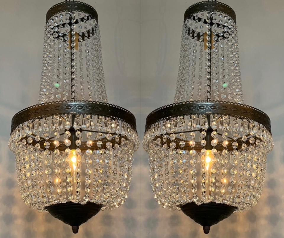 2 Stuks Vintage Kristallen Kroonluchters Hanglampen Brons Frame image 4