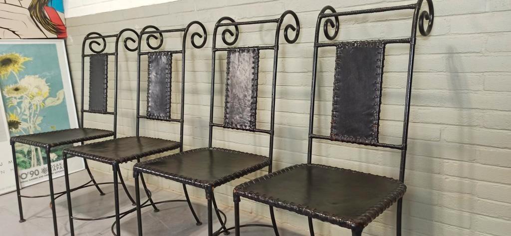 Set Van 4 Vintage Ijzer En Leer Stoelen, Zwart image 5