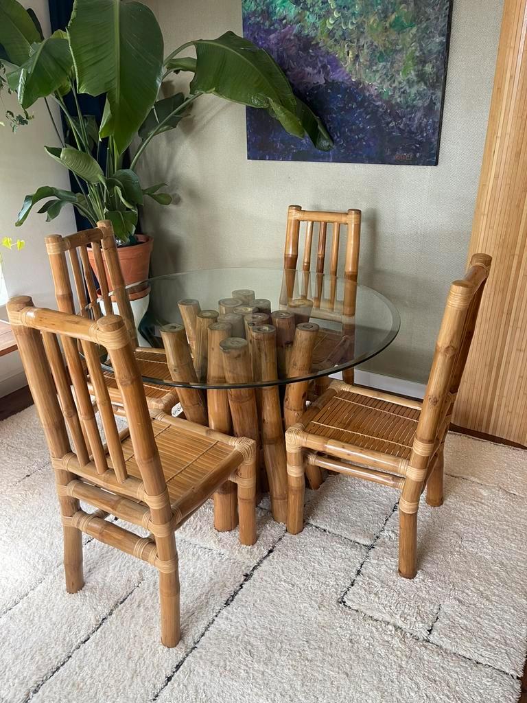 Vintage Boho Bamboe Eetkamerset - Eettafel Met Stoelen image 3