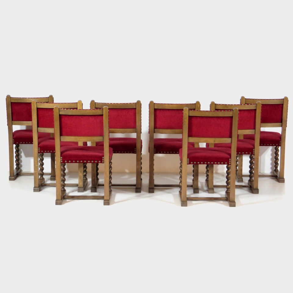 8X Antieke Eiken Barley Twist Eetkamer Stoelen In Rood Fluweel, 19E Eeuw image 6