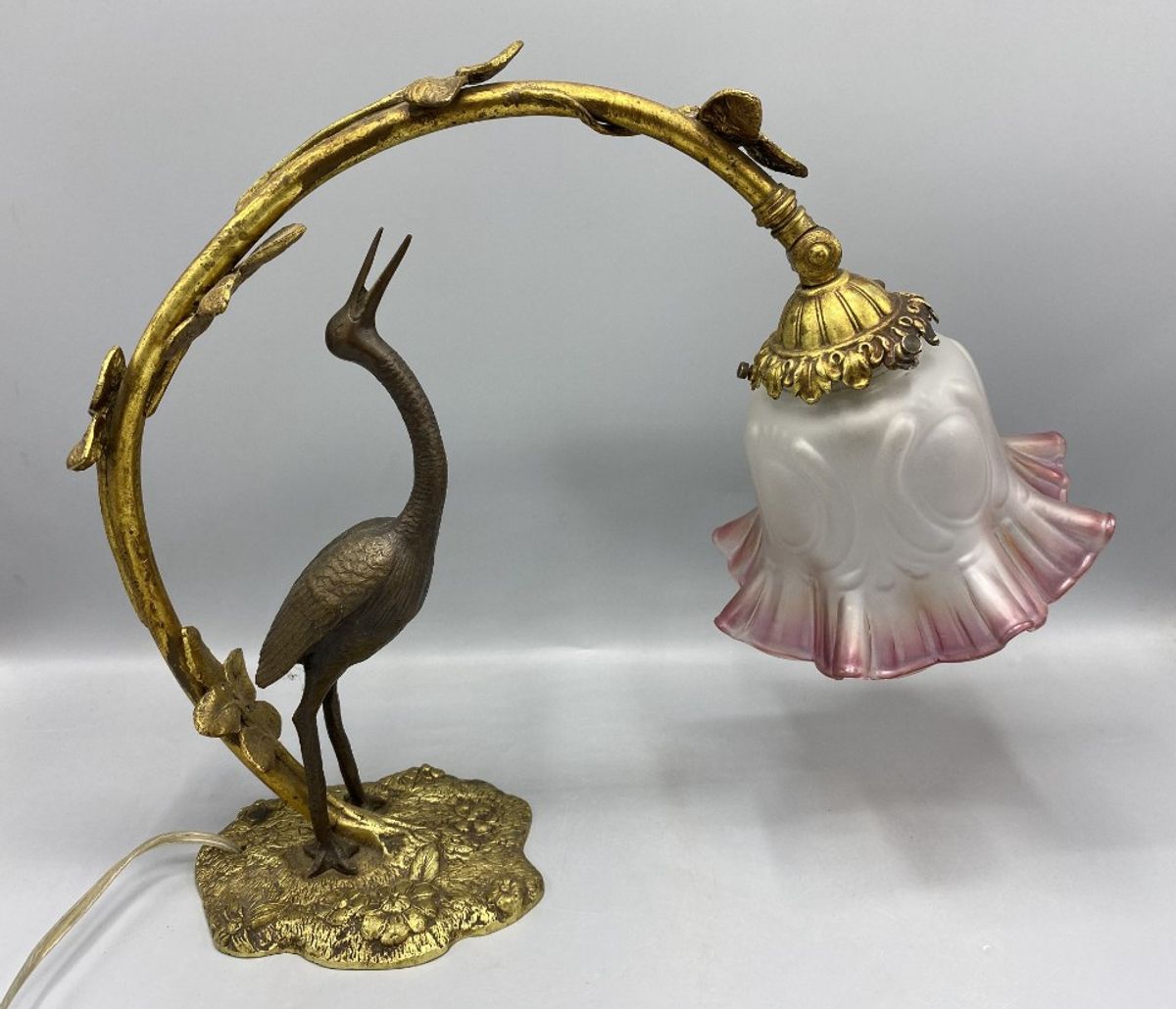Antieke Art Nouveau Tafellamp – Kraanvogel & Bladerenboog image 7