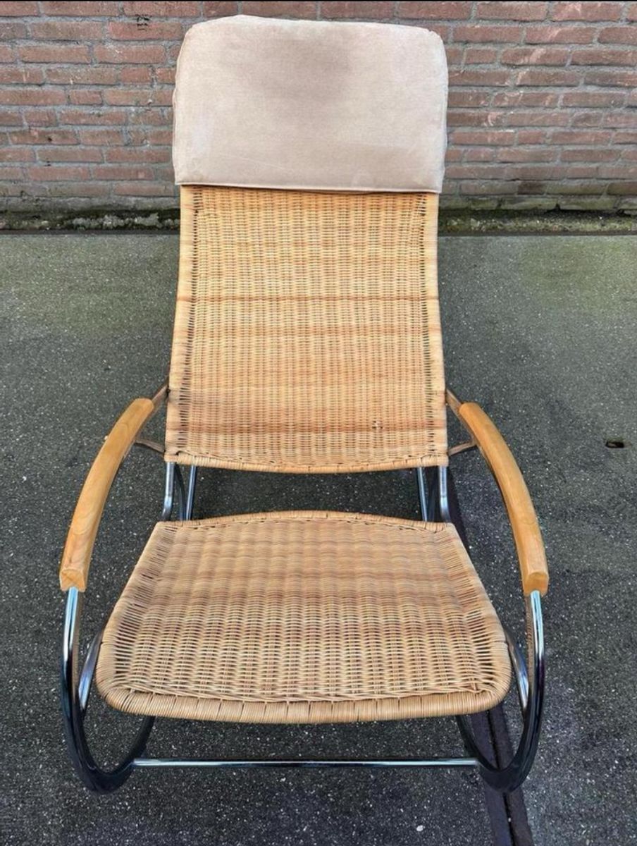 Vintage Chrome And Wicker Rocking Chair, 1970s image 2