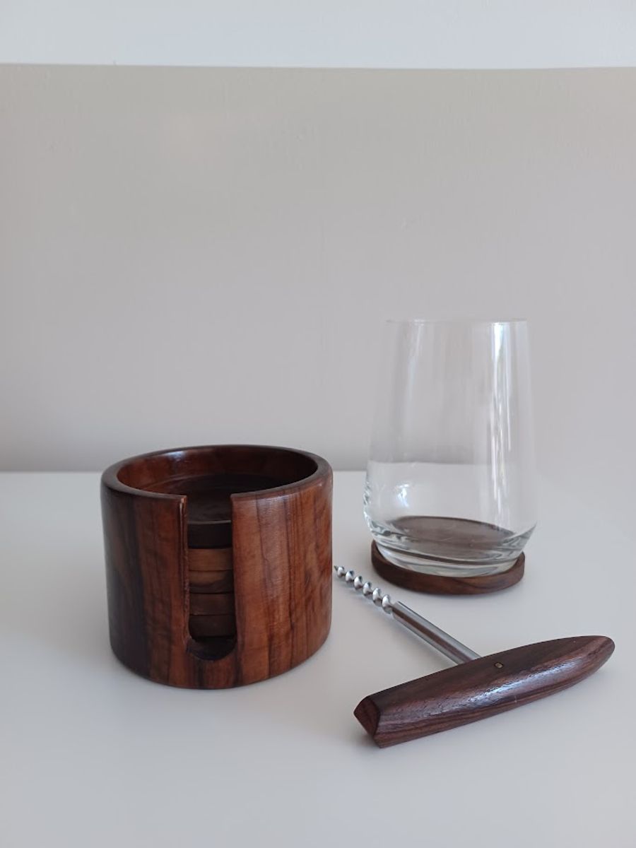 Vintage Set. Deens Ontwerp. Houten Onderzetters (6) En Kurkentrekker. image 3