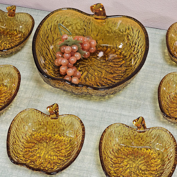 Vintage Schalenset Amberkleurig Glas Appelvorm (7 Delig) image 4