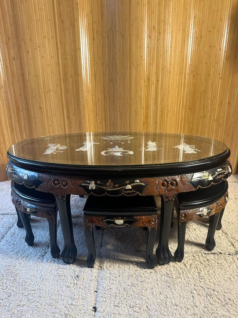 Chinese Salontafel Met Houtsnijwerk Incl 6 Krukjes image 4