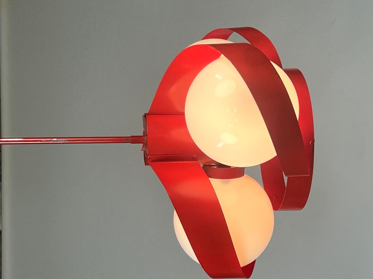 Vintage Rode Metalen Hanglamp / Kroonluchter, Space Age, België 1970's image 3