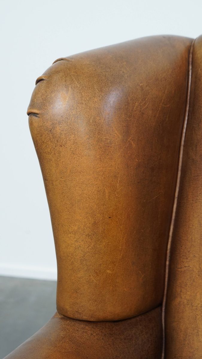 Geweldige, Karaktervolle Vintage Schapenleren Oorfauteuil Met Een Mooi Patina image 9