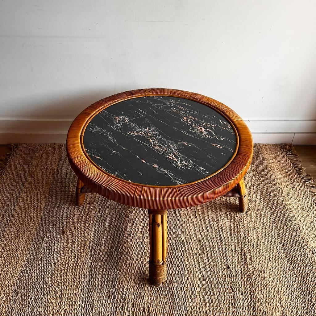 Rotan Bamboe Salontafel Mer Marmer Look Blad Vintage image 4