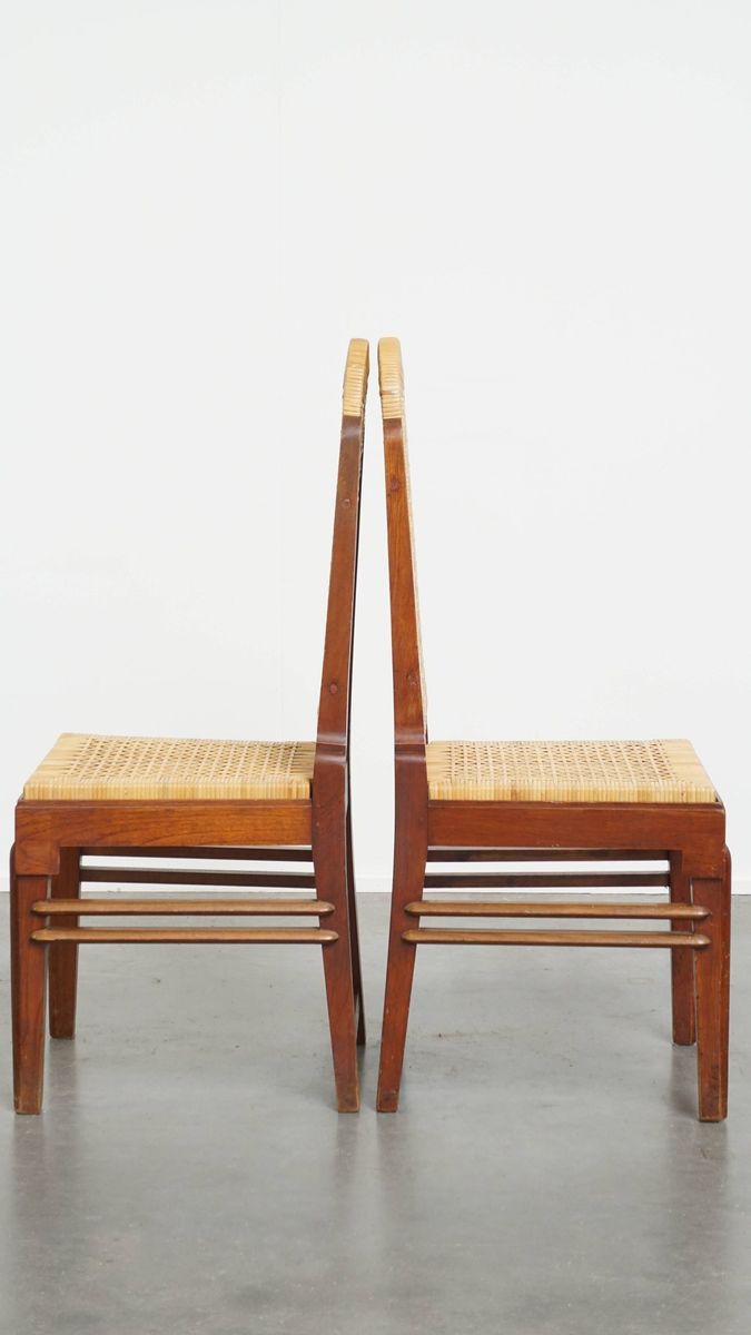 Leuke Set Van 2 Houten Art Deco Design Eetkamerstoelen Met Een Rieten Zitting En Rugleuning image 5