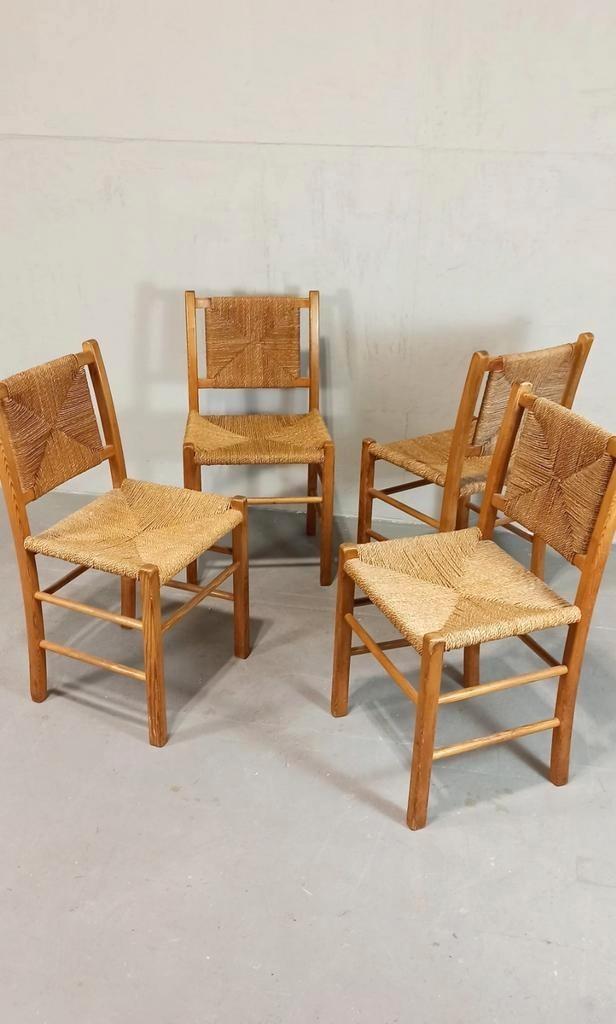 Set Van 4 Vintage Hout En Riet Eetkamerstoelen image 12