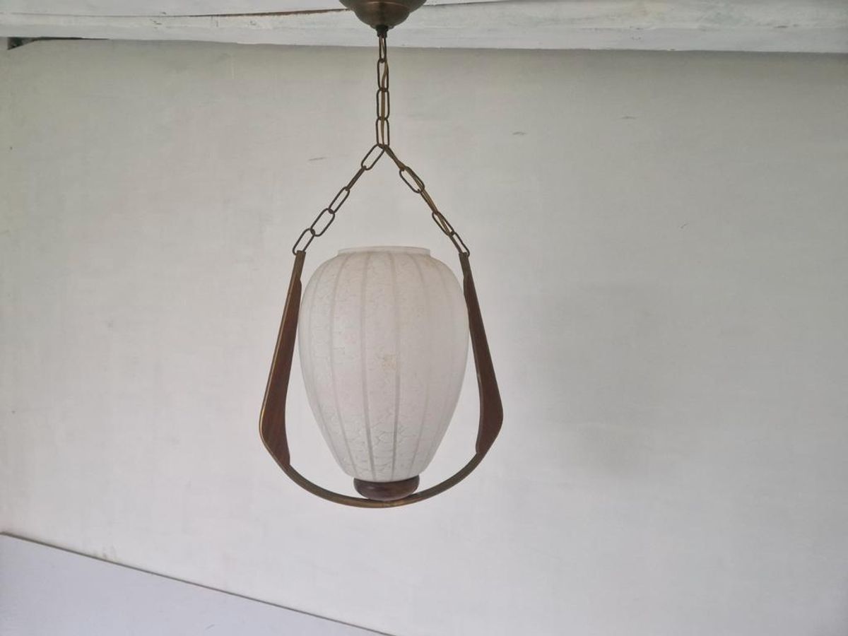Vintage Scandinavische Teak En Glas Hanglamp. image 9