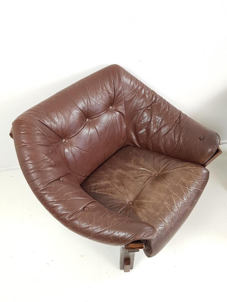 Vintage Deense Leren Fauteuils Brutalist Bruin Leer Setprijs image 4