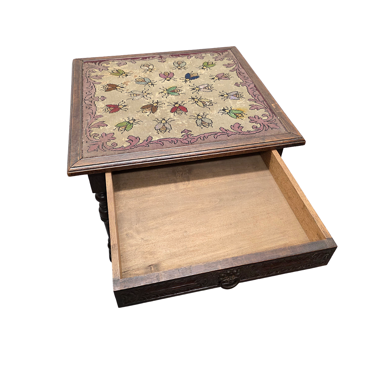 Antiek Franse Bijzettafel Met Geborduurd Blad, Eind 19e Eeuw image 6