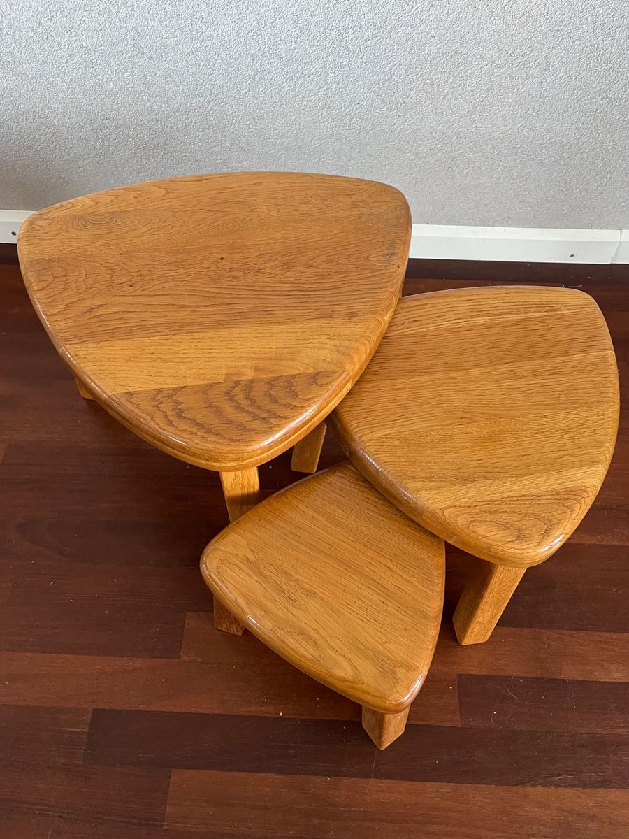 Vintage Brutalist Nesting Set Of Bijzettafels - Massief Blond Eikenhout ‘60/‘70 image 4
