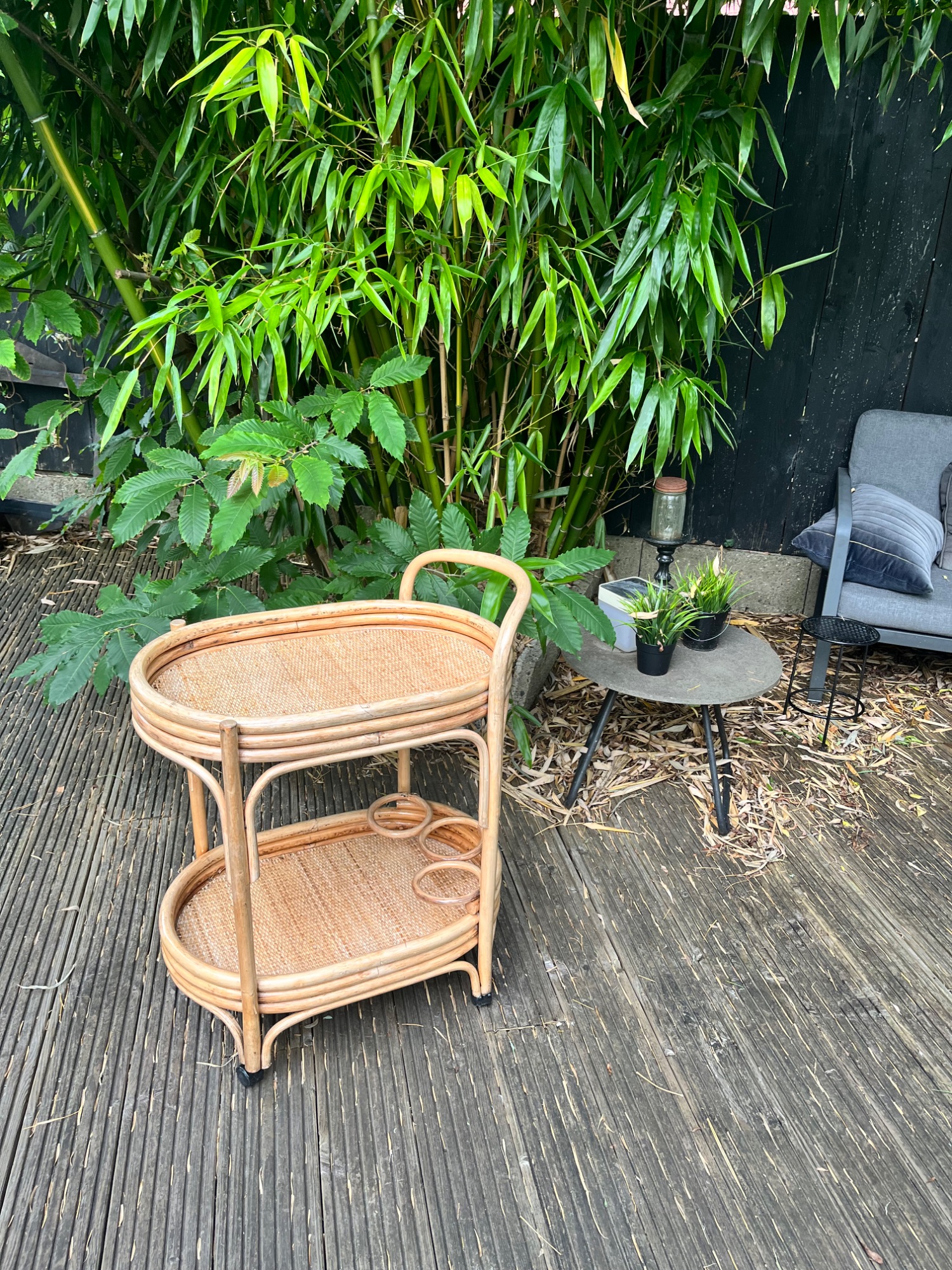 Vintage Bamboe-rotan Serveer Trolley image 2
