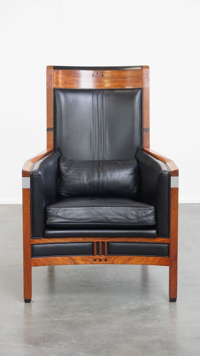 Mooie Zwarte Rundleren En Houten Art Deco Design Fauteuil Van Schuitema Uit De Decoforma Serie image 2