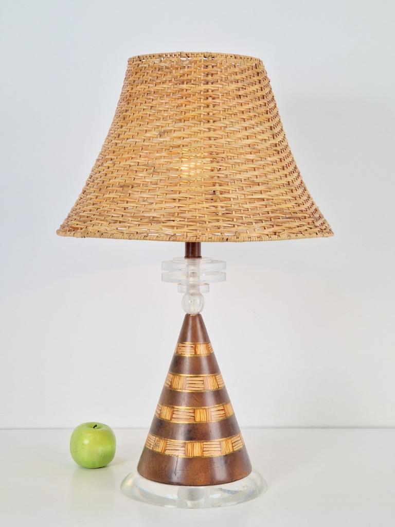 Vintage Conische Tafellamp Plexiglas Keramiek Rotan Regency image 2