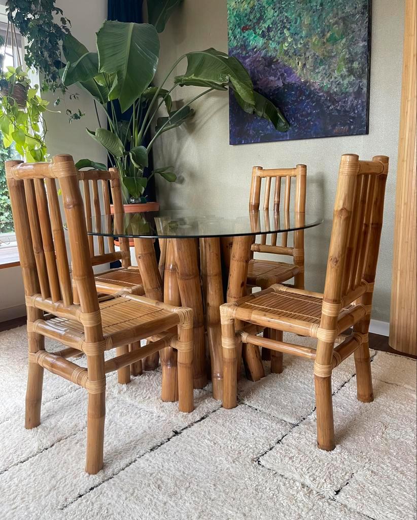 Vintage Boho Bamboe Eetkamerset - Eettafel Met Stoelen image 2