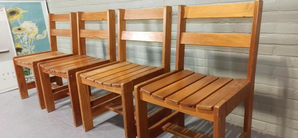 Set Van 4 Vintage Massief Grenen Eetkamerstoelen image 3