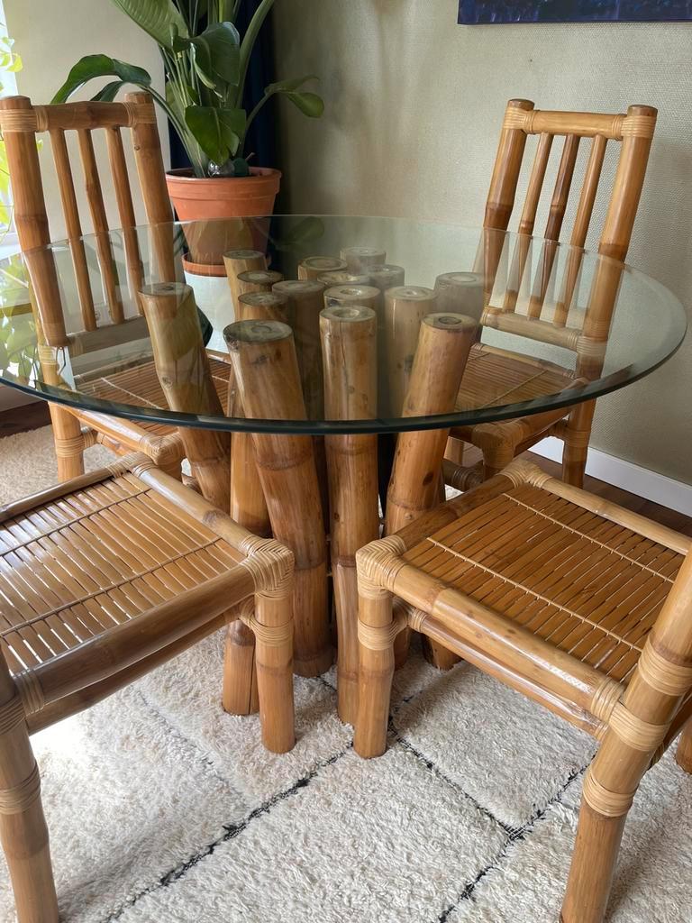 Vintage Boho Bamboe Eetkamerset - Eettafel Met Stoelen image 7