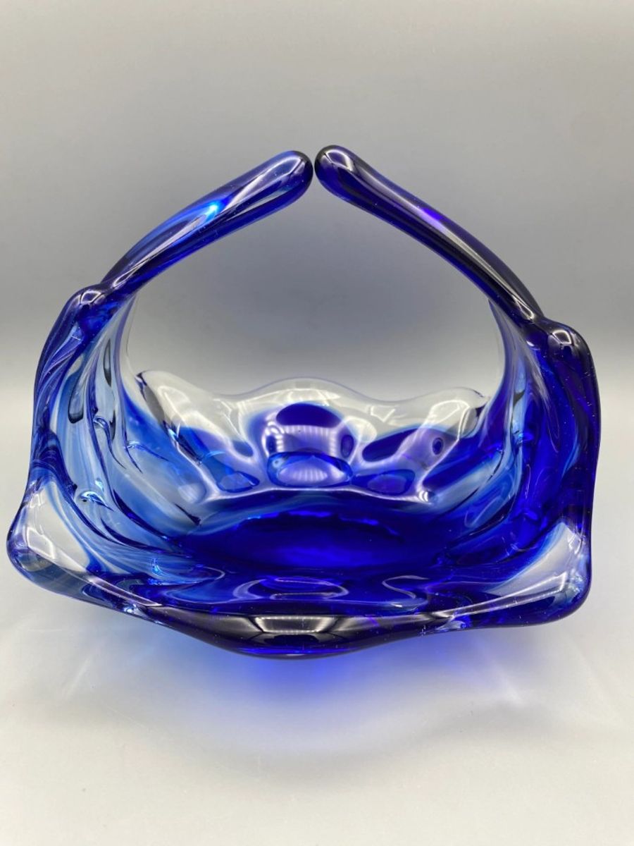 Vintage Glazen Schaal Mand 50's Blauw Lux Glass Faconne Main Austria image 6