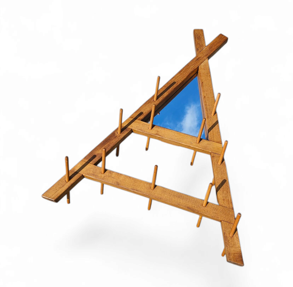 Wooden Wall Coat Rack / Triangular Shape / Triangle Mirror At The Top / 1960s image 11
