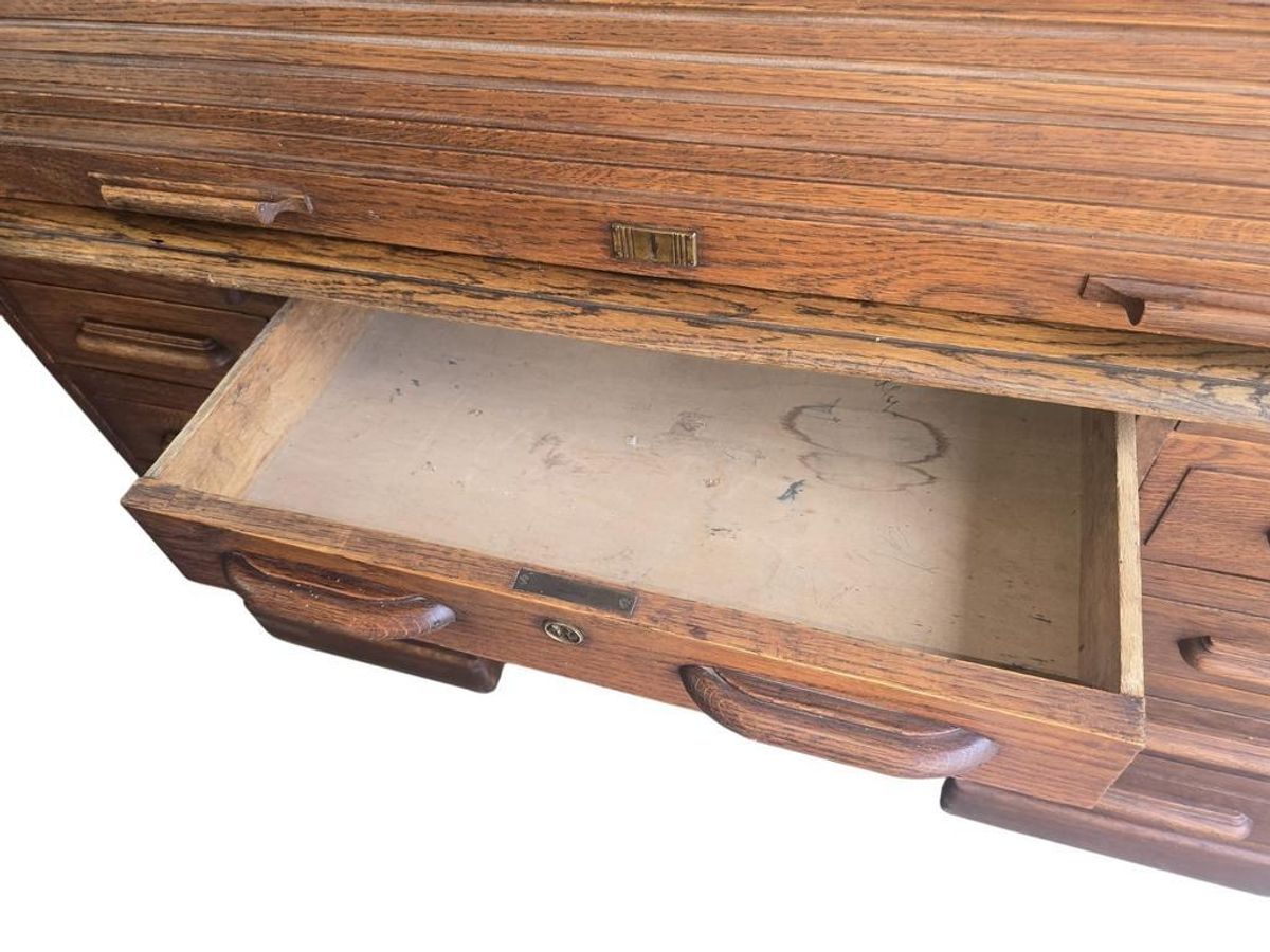 Vintage Houten Amerikaanse Bureau Met Rolluik Deur image 7